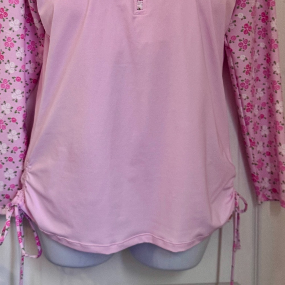 BETSEY JOHNSON RASH GUARD SWIM TOP. LONG SLEEVE UPF 50. SIZE L PINK FLORAL - Picture 3 of 13